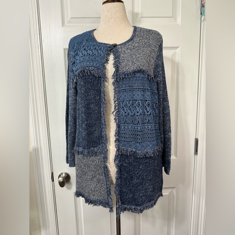Alfred Dunner Blue and Gray Open Front Cardigan